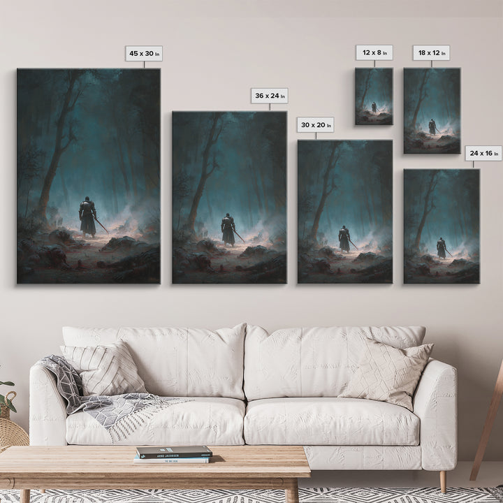 Lone Knight In Misty Haunted Forest Canvas Print, Dark Fantasy Wall Art, Gothic Woodland Decor, Warrior Landscape Artwork