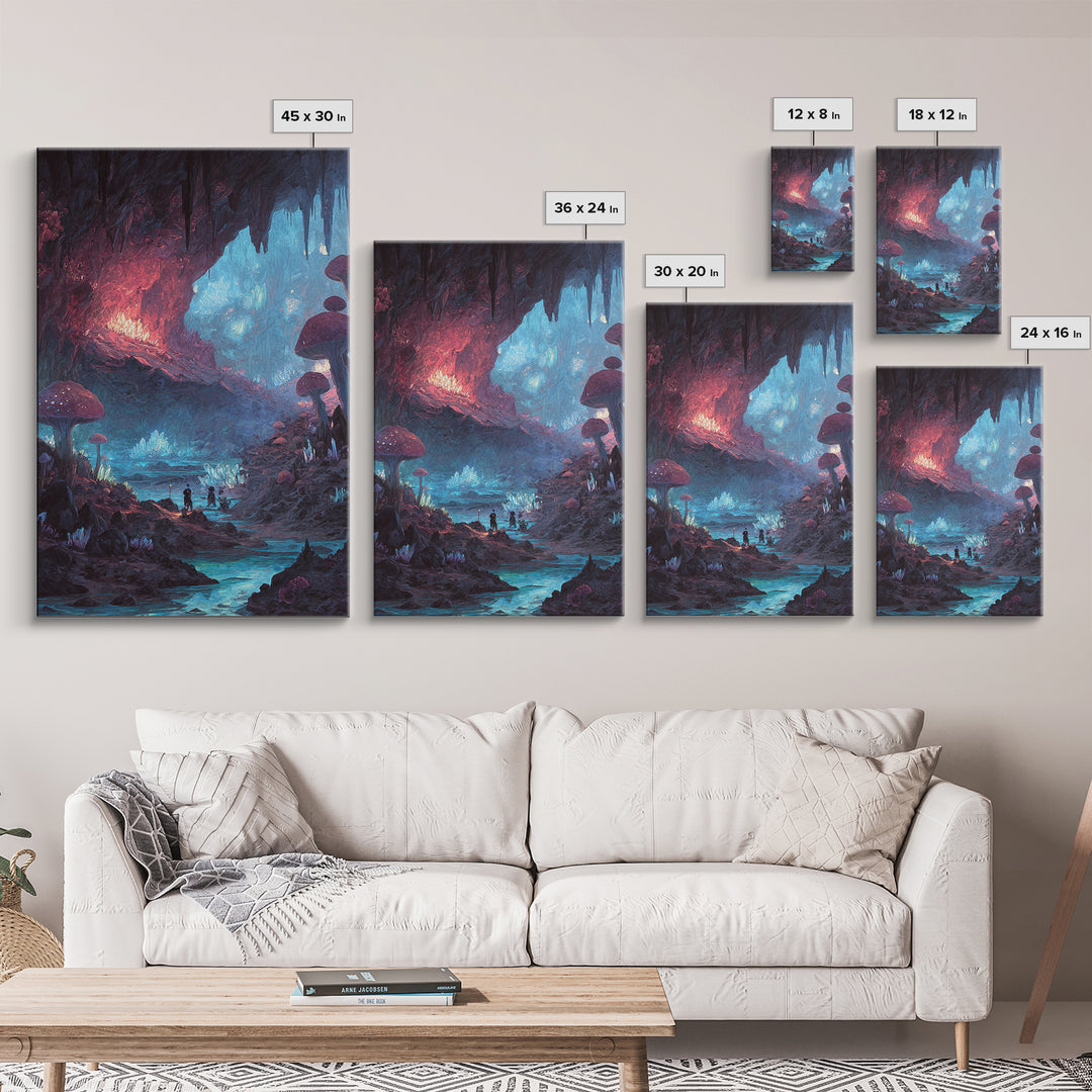 Glowing Mushroom Cave With Crystal River Wall Art, Fantasy Landscape Canvas, Whimsical Fairycore Decor, Magical Forest Print
