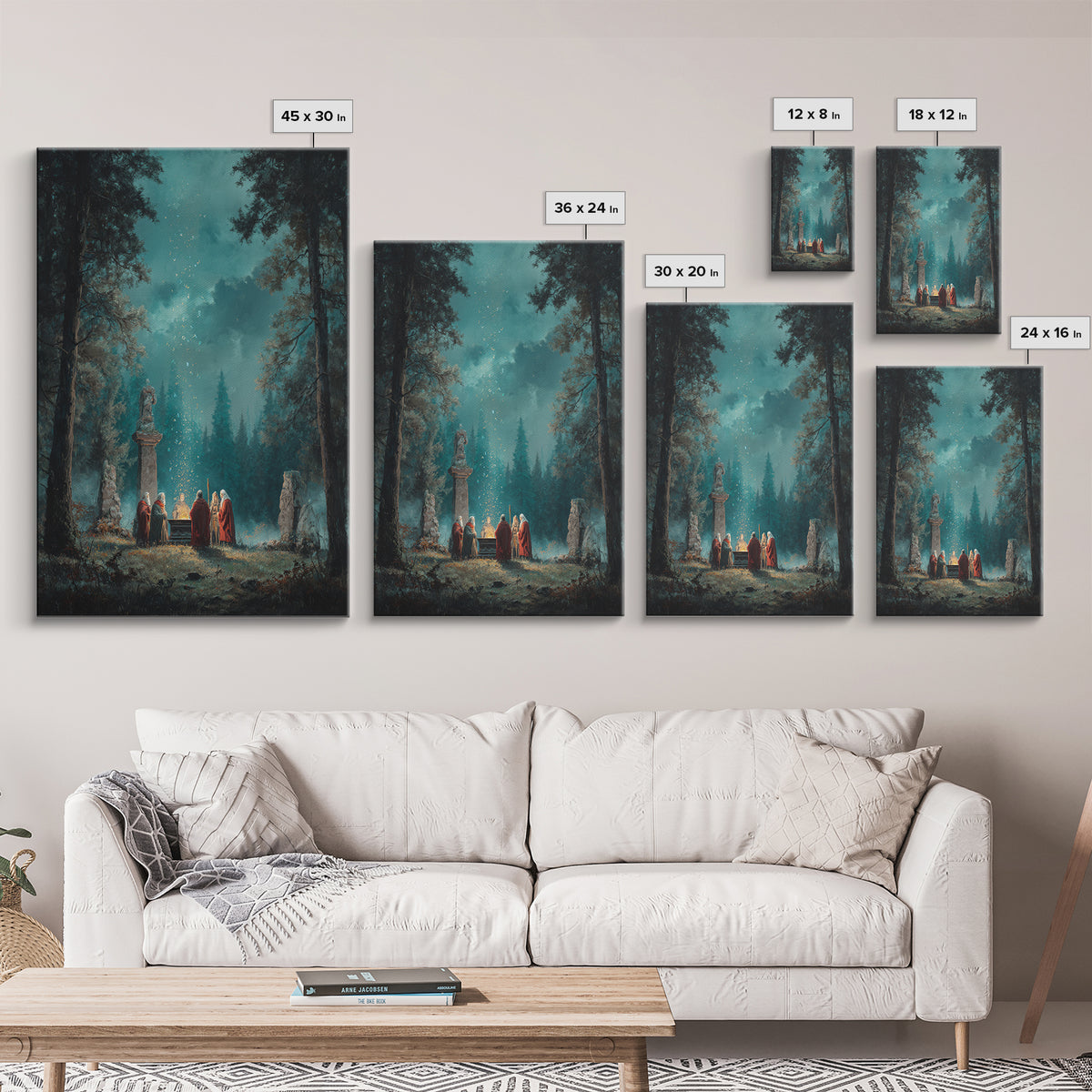 Mystic Forest Ritual Beneath Teal Night Sky Framed Canvas Print, Fantasy Wall Art, Spiritual Decor, Enchanted Woodland Art