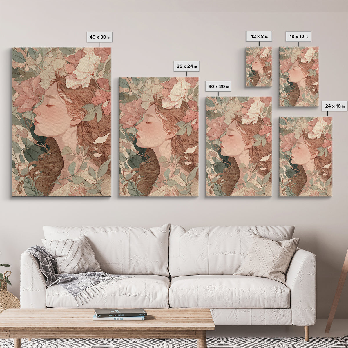 Sleeping Floral Woman Portrait Canvas Print, Art Nouveau Wall Art, Feminine Botanical Decor, Romantic Bedroom Art, Gift For Her