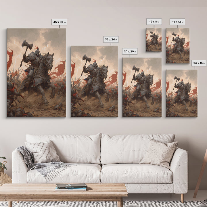 Armored Knight On War Horse With Battle Axe Wall Art, Dark Fantasy Canvas Print, Medieval Warrior Living Room Decor Gift