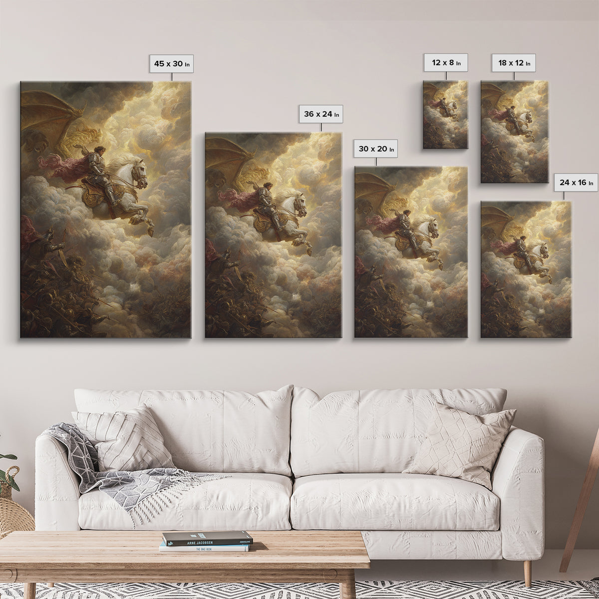 White Horse Knight Battles Golden Dragon In Clouds Framed Canvas Print, Epic Fantasy Wall Art, Medieval Home Decor Gift Idea