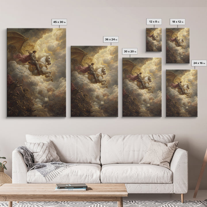 White Horse Knight Battles Golden Dragon In Clouds Framed Canvas Print, Epic Fantasy Wall Art, Medieval Home Decor Gift Idea