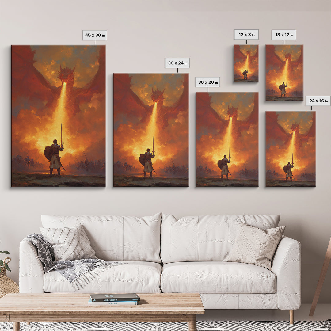 Lone Swordsman Facing Fire Breathing Red Dragon Wall Art, Epic Fantasy Canvas Print, Medieval Battle Living Room Decor Gift