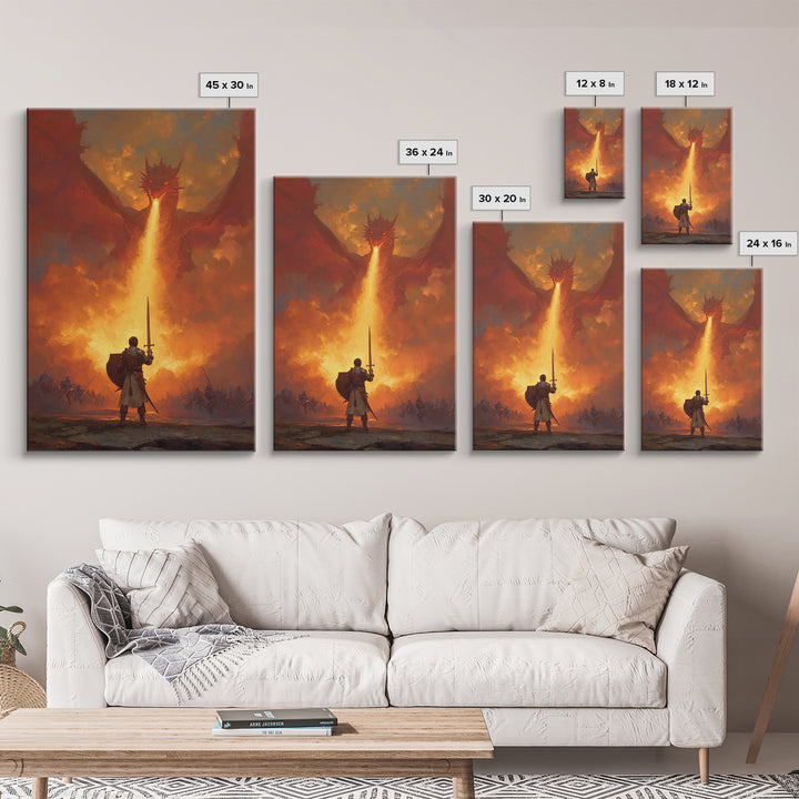 Lone Swordsman Facing Fire Breathing Red Dragon Wall Art, Epic Fantasy Canvas Print, Medieval Battle Living Room Decor Gift
