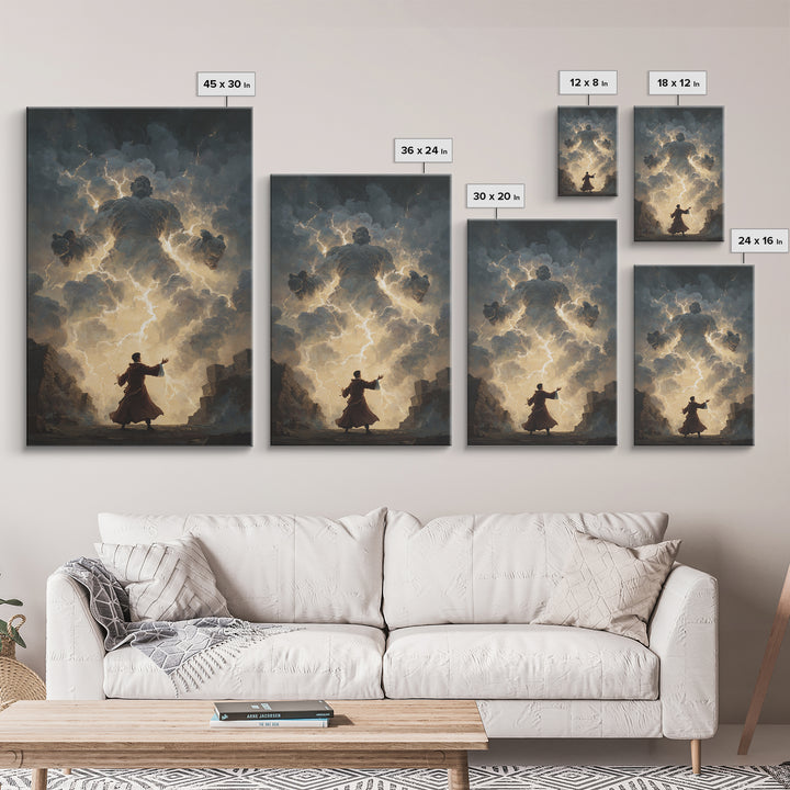 Storm Wizard Summoning Lightning Cloud Giant Wall Art, Dark Fantasy Canvas Print, Mythological Magic Office Decor Gift For Him