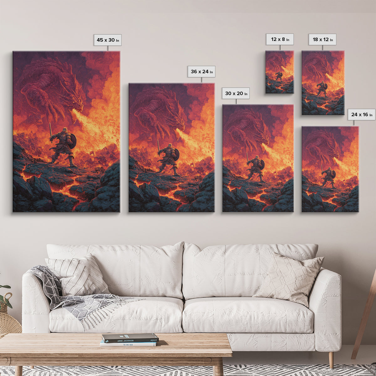 Knight Charging Through Lava Toward Fire Dragon Wall Art, Dark Fantasy Framed Canvas Print, Medieval Battle Game Room Decor