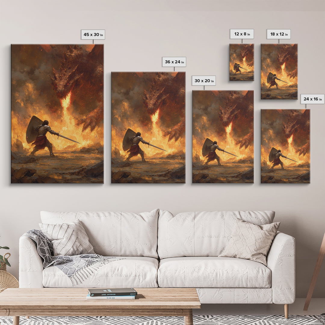 Shield Warrior Defies Fire Breathing Dragon Canvas Print, Epic Fantasy Wall Art, Medieval Sword Battle Home Decor Gift For Him