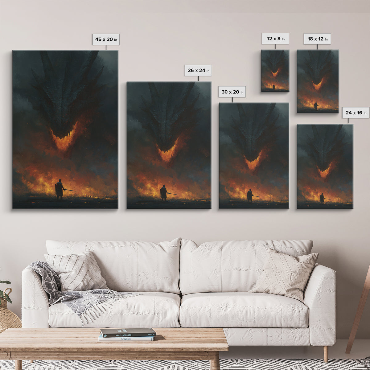 Dark Dragon Looming Over Lone Knight Wall Art, Gothic Fantasy Canvas Print, Apocalyptic Fire Medieval Office Decor Gift For Him