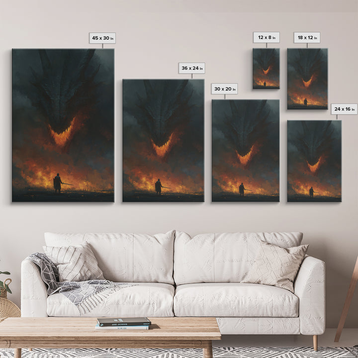 Dark Dragon Looming Over Lone Knight Wall Art, Gothic Fantasy Canvas Print, Apocalyptic Fire Medieval Office Decor Gift For Him