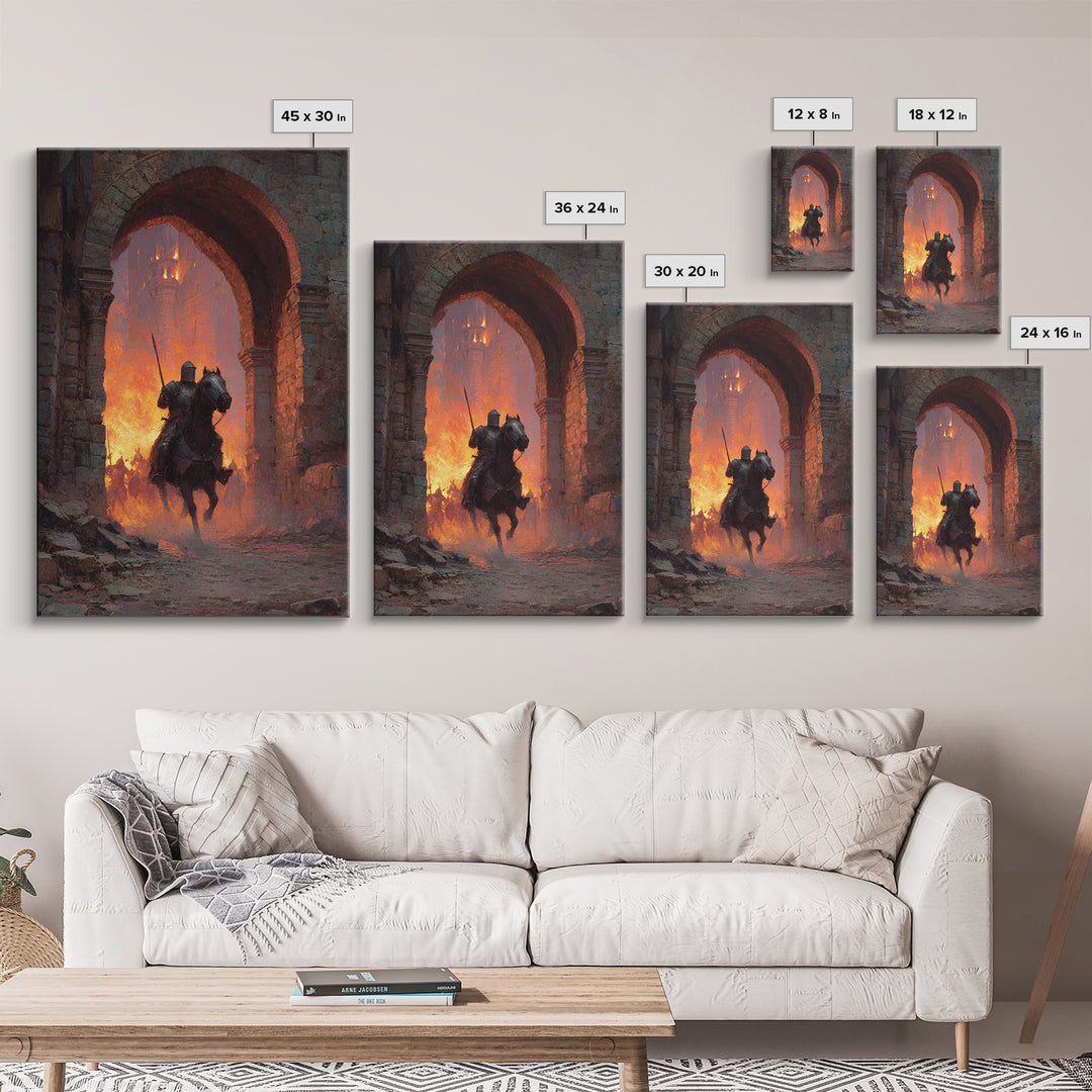 Mounted Knight Riding Through Burning Stone Arch Wall Art, Dark Fantasy Framed Canvas Print, Medieval Castle Home Decor Gift