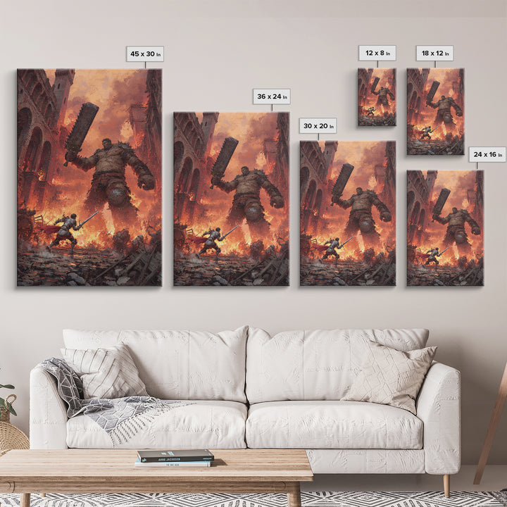 Knight Fighting Giant Ogre In Burning City Wall Art, Dark Fantasy Canvas Print, Medieval Monster Battle Game Room Decor Gift