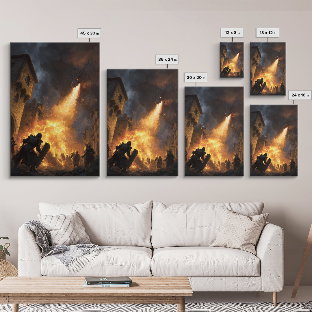 Armored Knight Before Dragon Fire In Medieval Street Wall Art, Dark Fantasy Framed Canvas Print, Castle Battle Living Room Decor