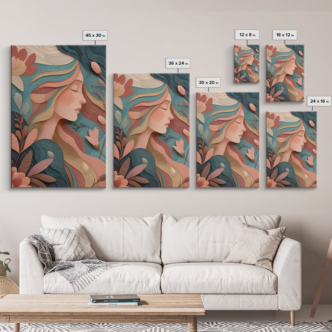 Art Nouveau Floral Woman Portrait Wall Art, Feminine Boho Canvas, Teal Peach Bedroom Decor, Elegant Gift For Her, Modern Home Decor