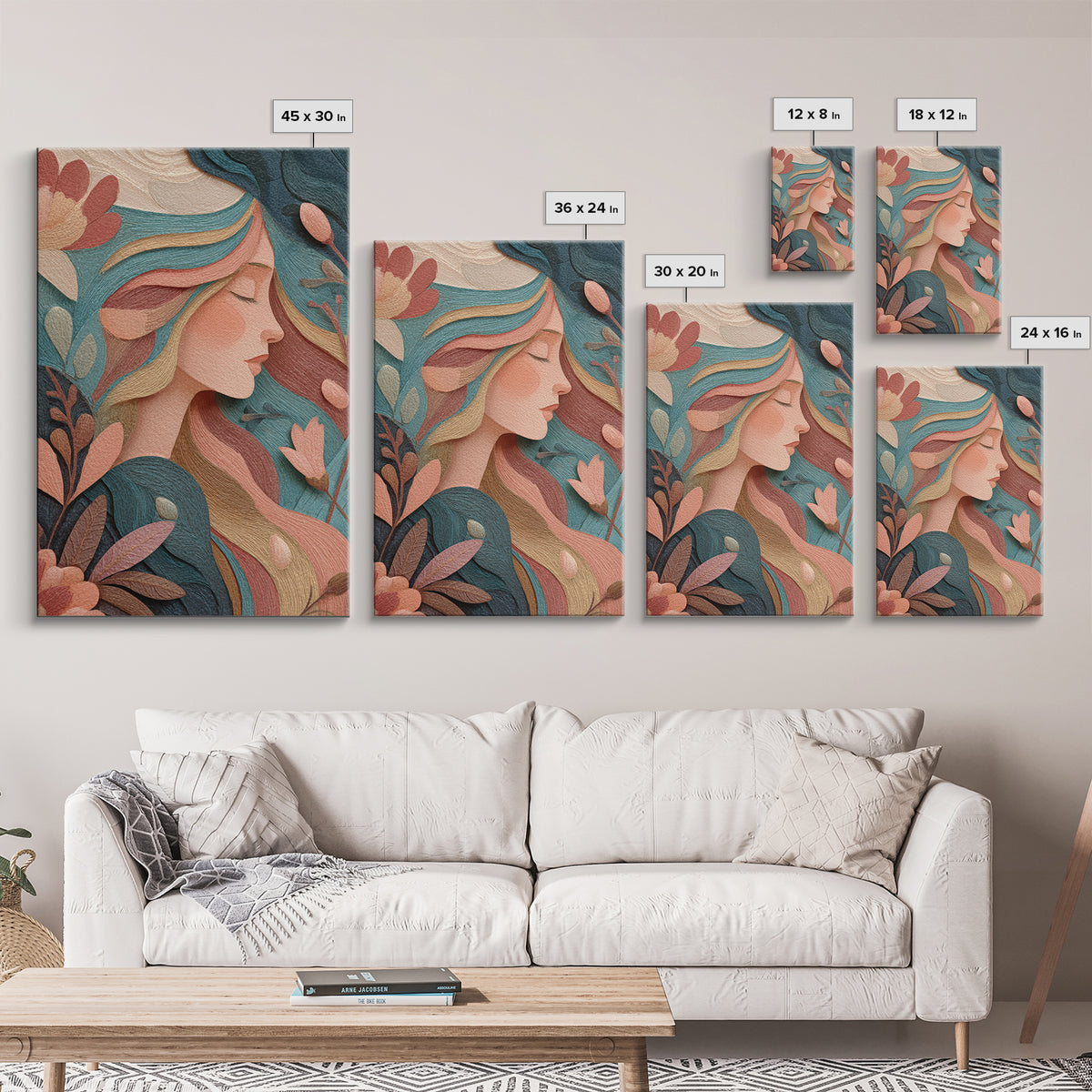 Art Nouveau Floral Woman Portrait Wall Art, Feminine Boho Canvas, Teal Peach Bedroom Decor, Elegant Gift For Her, Modern Home Decor