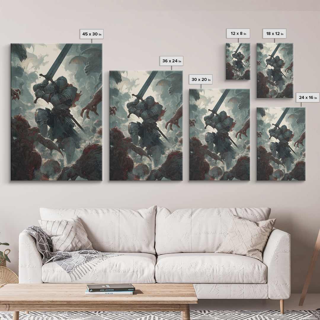Armored Knight Battling Monsters Wall Art, Dark Fantasy Canvas Wall Decor, Gothic Warrior Artwork, Medieval Game Room Decor