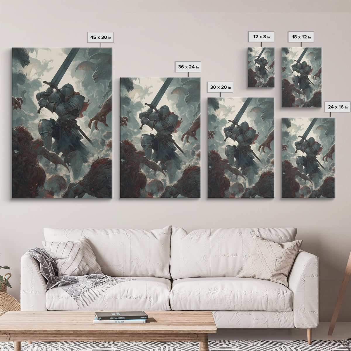 Armored Knight Battling Monsters Wall Art, Dark Fantasy Canvas Wall Decor, Gothic Warrior Artwork, Medieval Game Room Decor