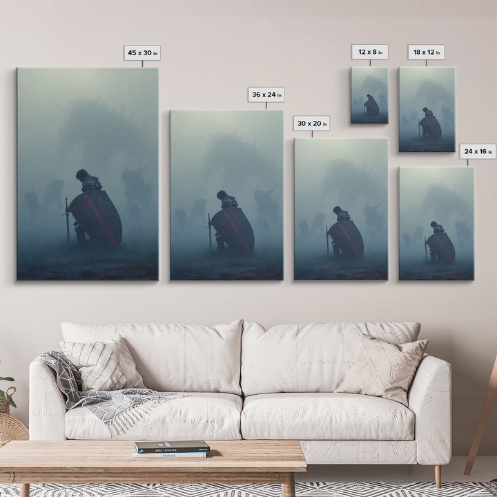 Kneeling Knight In Mist Wall Art, Dark Fantasy Dragon Print, Medieval Warrior Decor, Moody Gothic Living Room Artwork Gift