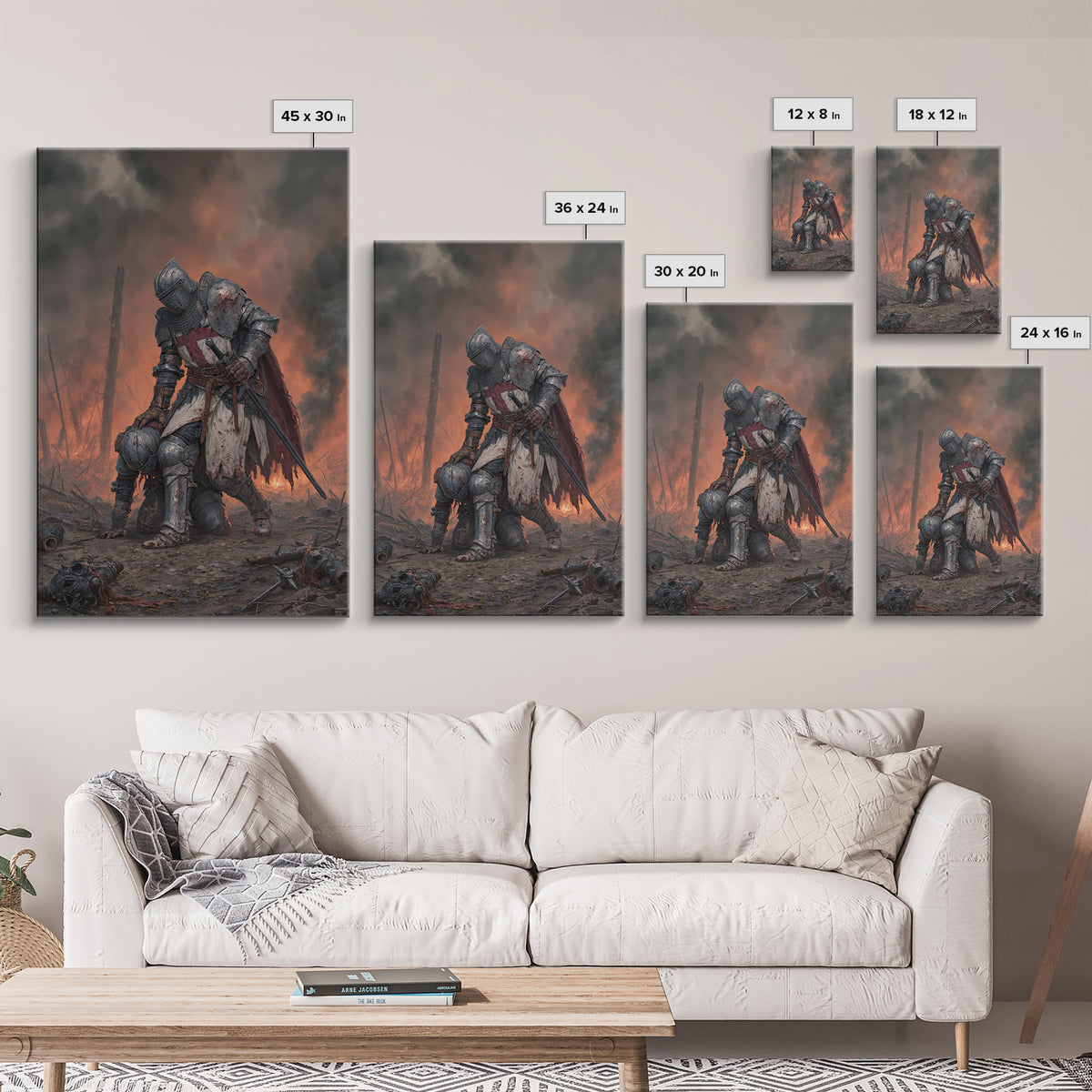 Wounded Knight In Burning Battlefield Wall Art, Dark Fantasy Medieval Canvas Decor, Gothic Warrior Print, Moody Office Artwork