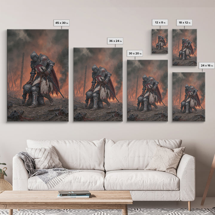 Wounded Knight In Burning Battlefield Wall Art, Dark Fantasy Medieval Canvas Decor, Gothic Warrior Print, Moody Office Artwork