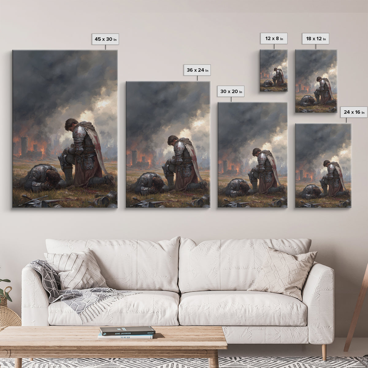 Grieving Knight Beside Fallen Soldier Wall Art, Dark Fantasy Medieval Print, Gothic Battle Decor, Moody Living Room Artwork