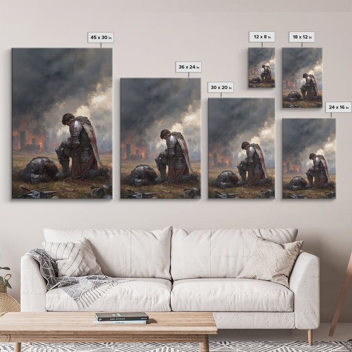 Grieving Knight Beside Fallen Soldier Wall Art, Dark Fantasy Medieval Print, Gothic Battle Decor, Moody Living Room Artwork