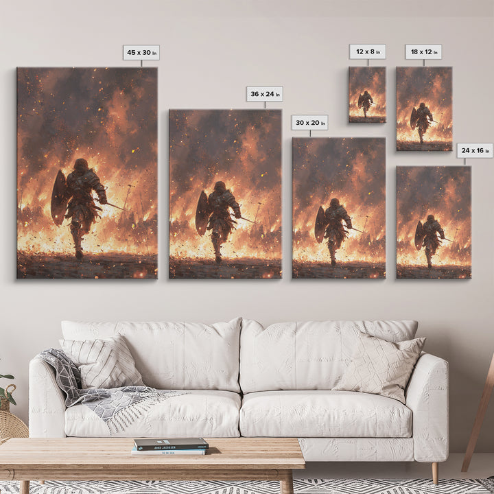 Knight Running Through Fire Wall Art, Dark Fantasy Medieval Battle Print, Gothic Warrior Canvas Decor, Dramatic Game Room Art