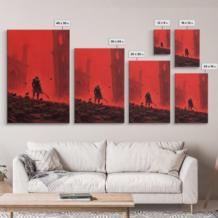 Knight In Crimson Ruins Wall Art, Dark Fantasy Red Gothic Print, Medieval Warrior Decor, Crows And Skulls, Bold Wall Decor