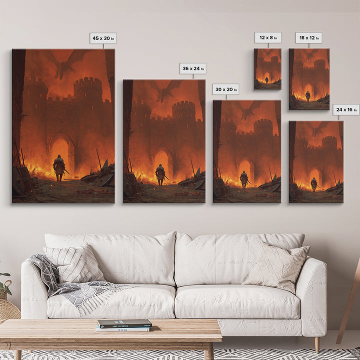 Knight At Burning Castle Gate Wall Art, Dark Fantasy Dragon Print, Medieval Warrior Decor, Gothic Game Room Artwork Gift