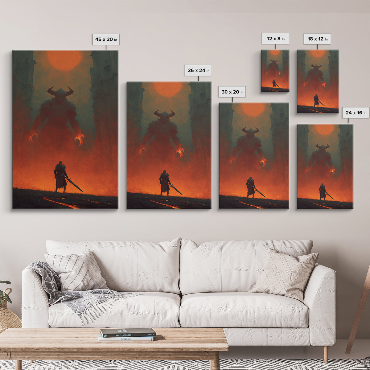Knight Facing Horned Demon Canvas Print, Dark Fantasy Red Moon Wall Decor, Gothic Monster Art, Epic Game Room Artwork Gift