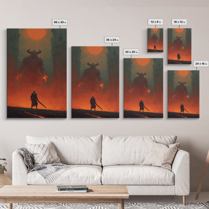Knight Facing Horned Demon Canvas Print, Dark Fantasy Red Moon Wall Decor, Gothic Monster Art, Epic Game Room Artwork Gift