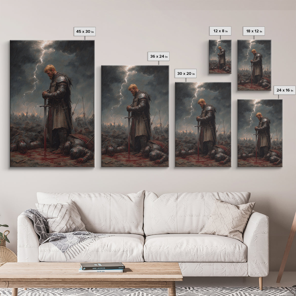 Blond Knight Praying In Storm Wall Art, Dark Fantasy Medieval Battle Print, Gothic Warrior Decor, Moody Masculine Office Art