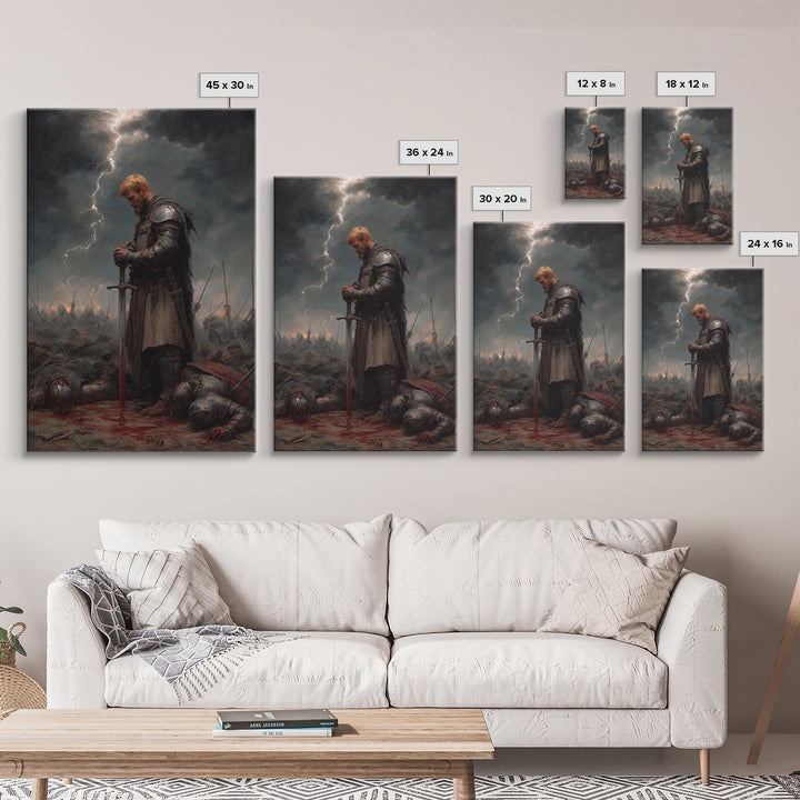 Blond Knight Praying In Storm Wall Art, Dark Fantasy Medieval Battle Print, Gothic Warrior Decor, Moody Masculine Office Art