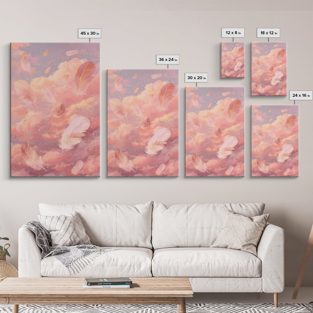 Pink Feather Cloud Canvas Print, Dreamy Celestial Sky Art, Pastel Nursery Decor, Whimsical Bedroom Wall Decor Gift For Her