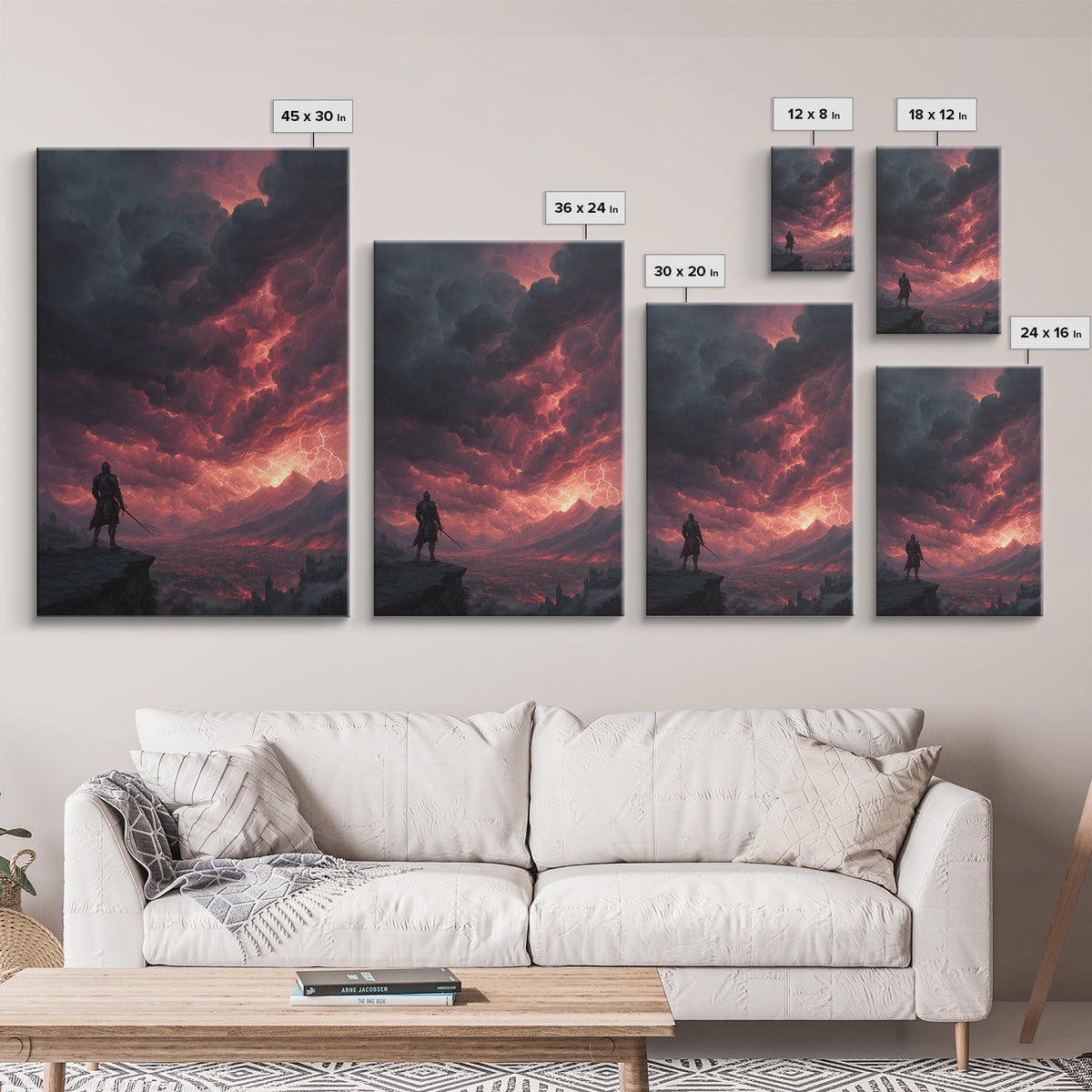 Lone Warrior Under Crimson Lightning Storm Wall Art, Dark Fantasy Landscape, Medieval Castle Decor, Dramatic Gothic Poster
