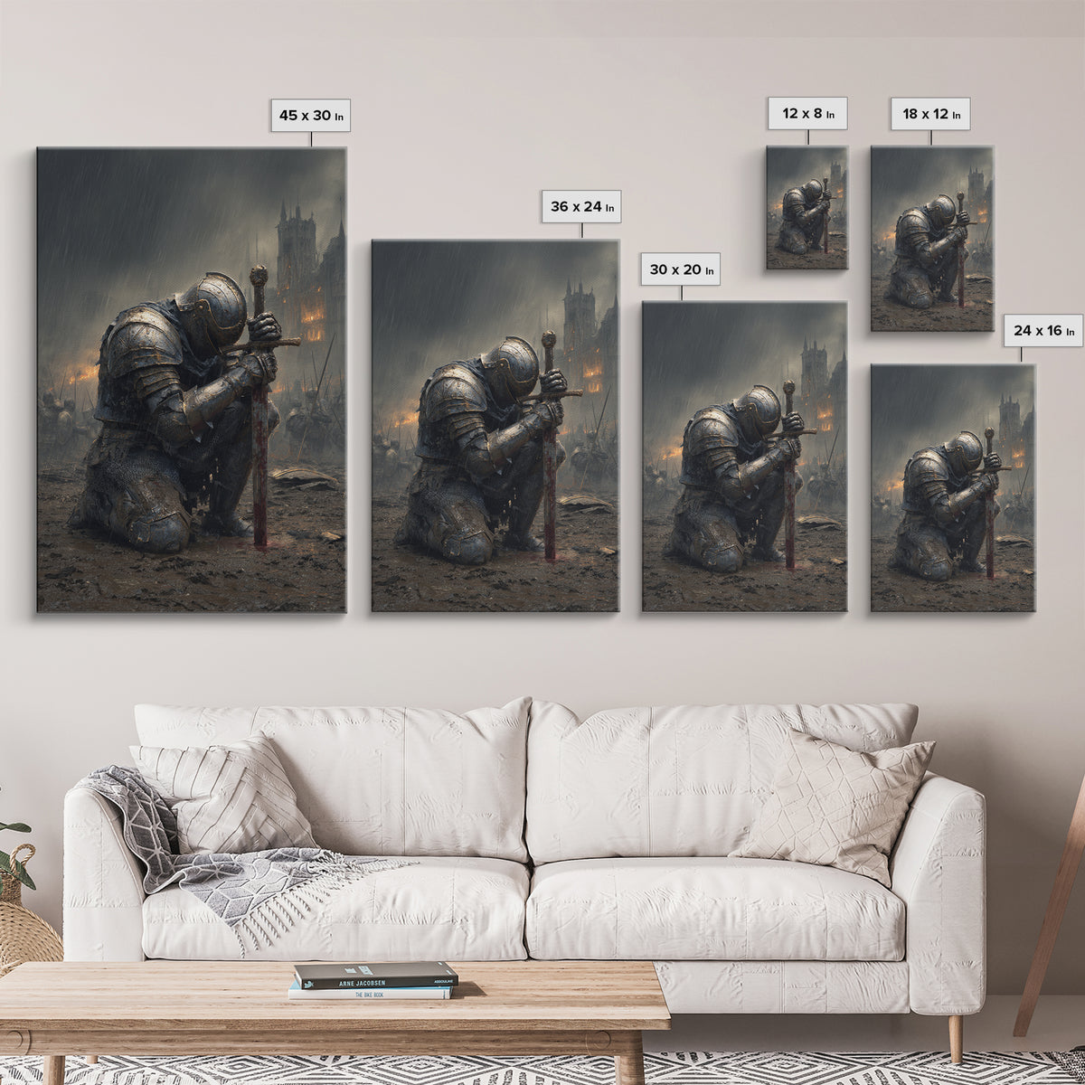 Kneeling Knight In Rainy Battlefield Framed Canvas Print, Dark Medieval Wall Decor, Gothic Castle Art, Gift For Him, Office Decor