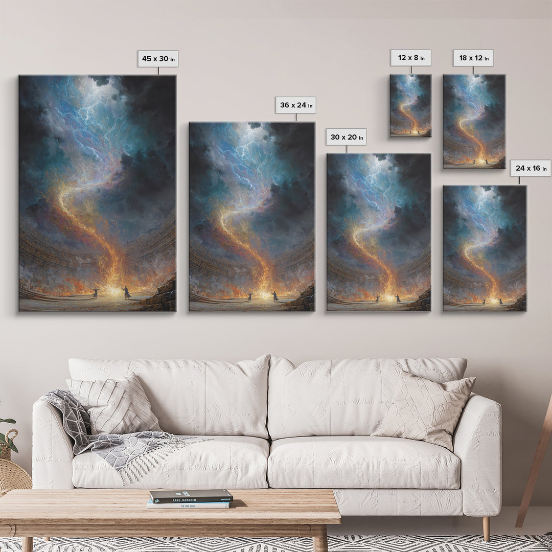 Celestial Firestorm Vortex In Ancient Arena Canvas Print, Epic Fantasy Wall Art, Cosmic Lightning Decor, Dramatic Poster