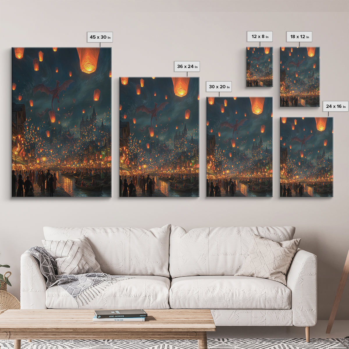 Dragon Lantern Festival Over Medieval Harbor Framed Canvas Print, Fantasy Wall Art, Magical City Decor, Whimsical Poster