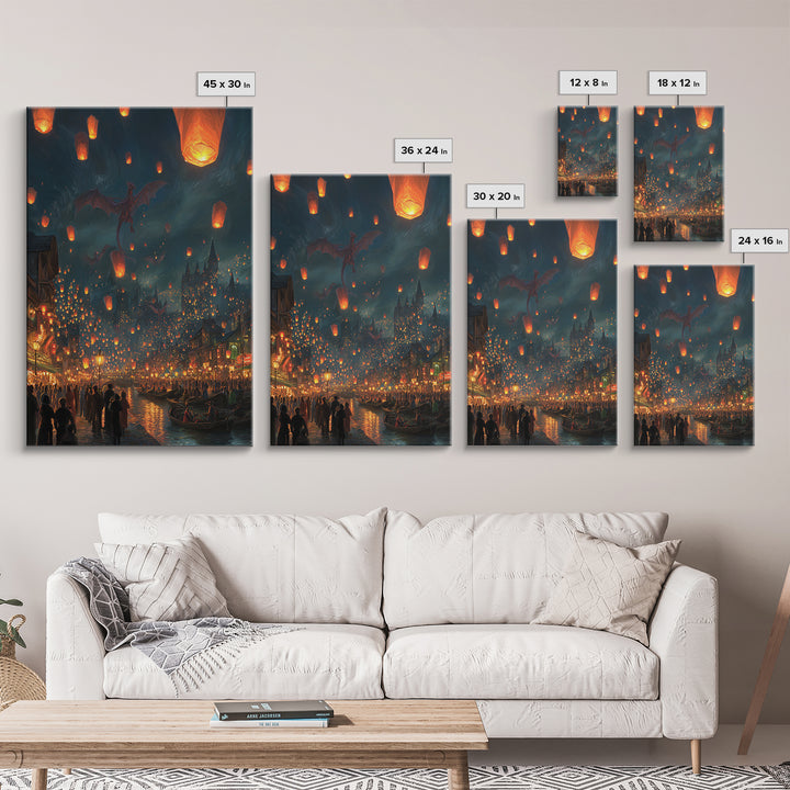 Dragon Lantern Festival Over Medieval Harbor Framed Canvas Print, Fantasy Wall Art, Magical City Decor, Whimsical Poster