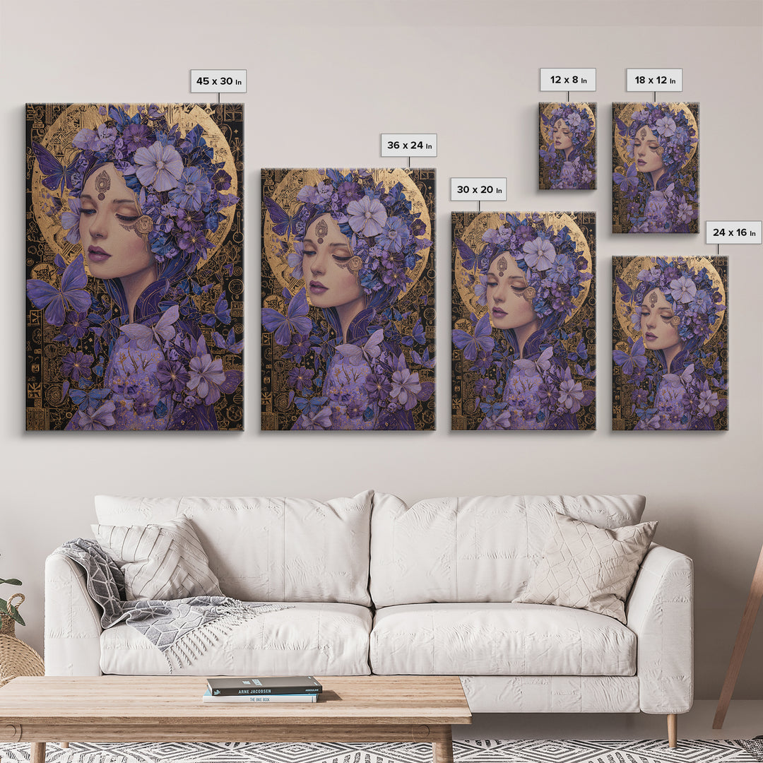 Purple Floral Goddess Portrait Wall Art, Art Nouveau Butterfly Decor, Feminine Celestial Canvas Print, Gift For Her, Boho Wall Decor