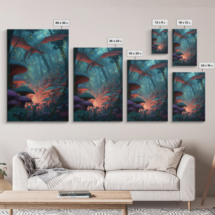 Red Dragon In Glowing Mushroom Forest Canvas Print, Enchanted Fantasy Wall Art, Woodland Nursery Decor, Magical Poster, Kids Room Art