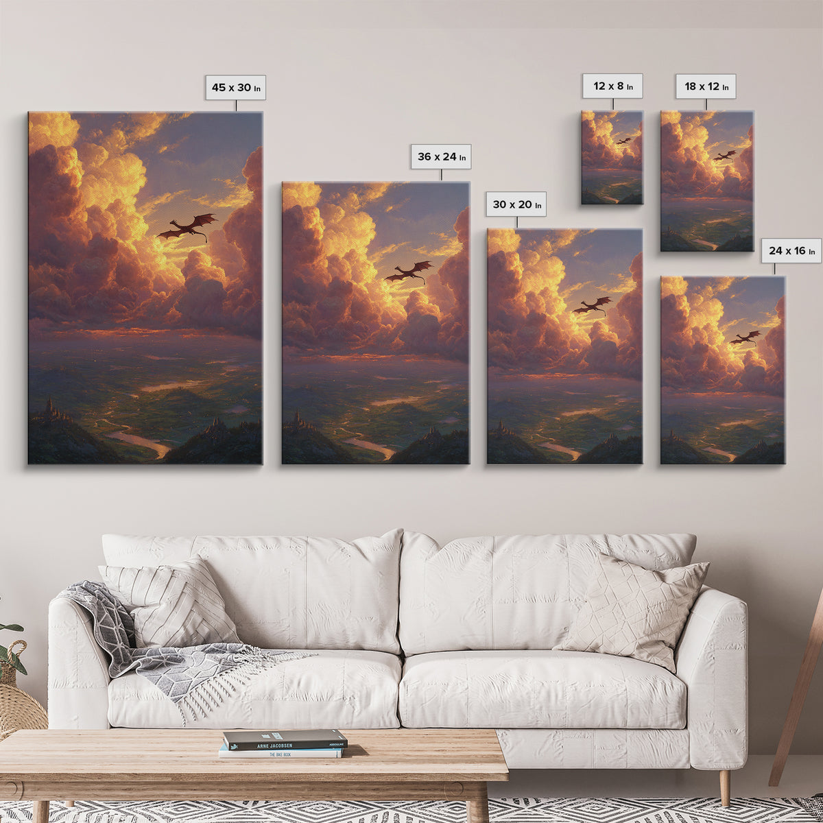 Dragon Flying Through Golden Sunset Clouds Wall Art, Epic Fantasy Landscape, Castle Valley Decor, Large Canvas Print, Gift For Him