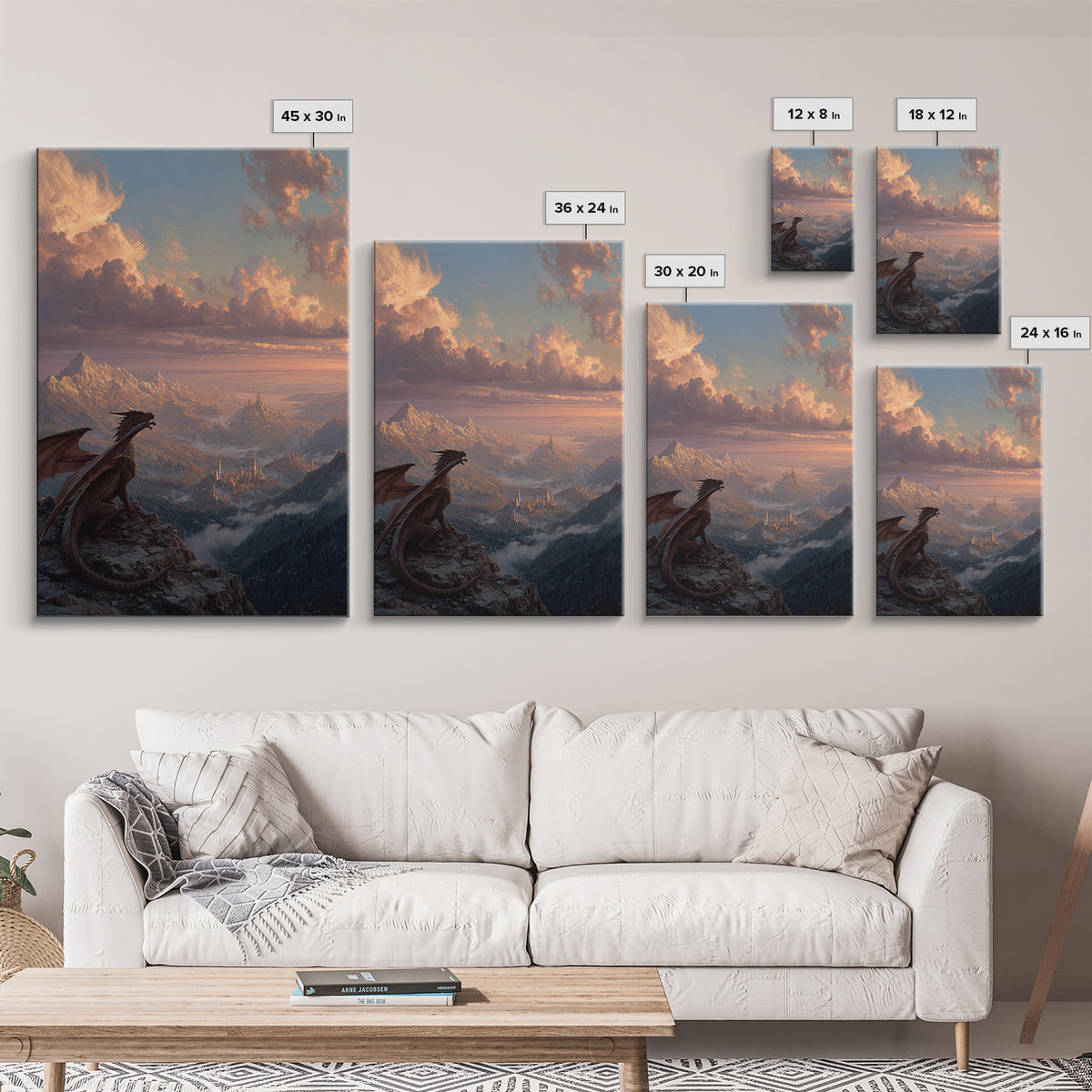 Dragon On Mountain Overlooking Kingdom At Sunset Canvas Print, Fantasy Landscape Wall Art, Castle Decor, Gift For Him, Adventure Poster