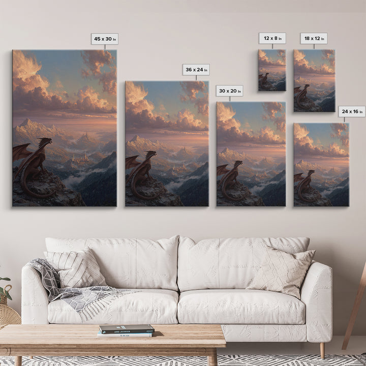 Dragon On Mountain Overlooking Kingdom At Sunset Canvas Print, Fantasy Landscape Wall Art, Castle Decor, Gift For Him, Adventure Poster