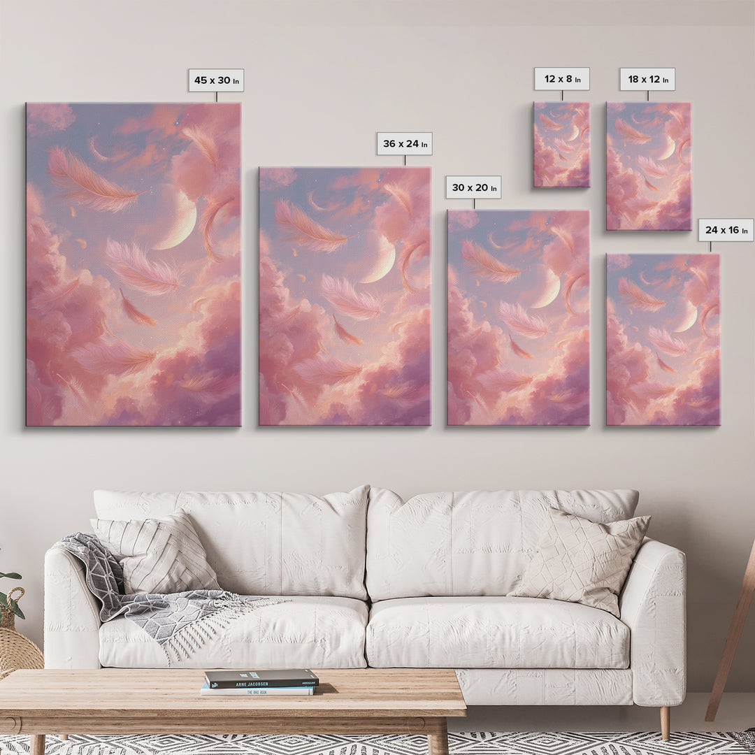 Crescent Moon Feather Wall Art, Pink Cloud Celestial Canvas, Dreamy Nursery Decor, Whimsical Bedroom Print Gift For Her, Pastel Decor