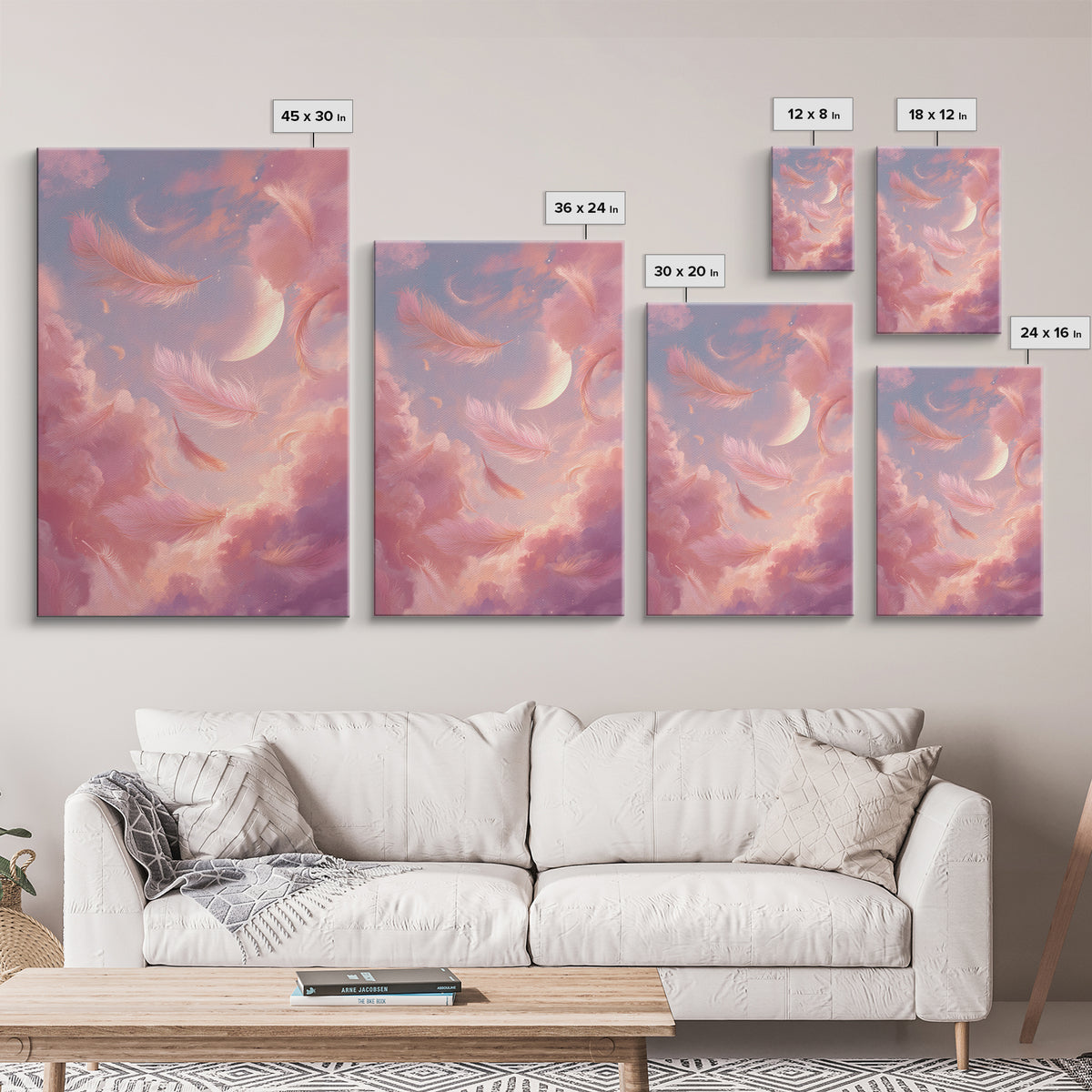 Crescent Moon Feather Wall Art, Pink Cloud Celestial Canvas, Dreamy Nursery Decor, Whimsical Bedroom Print Gift For Her, Pastel Decor