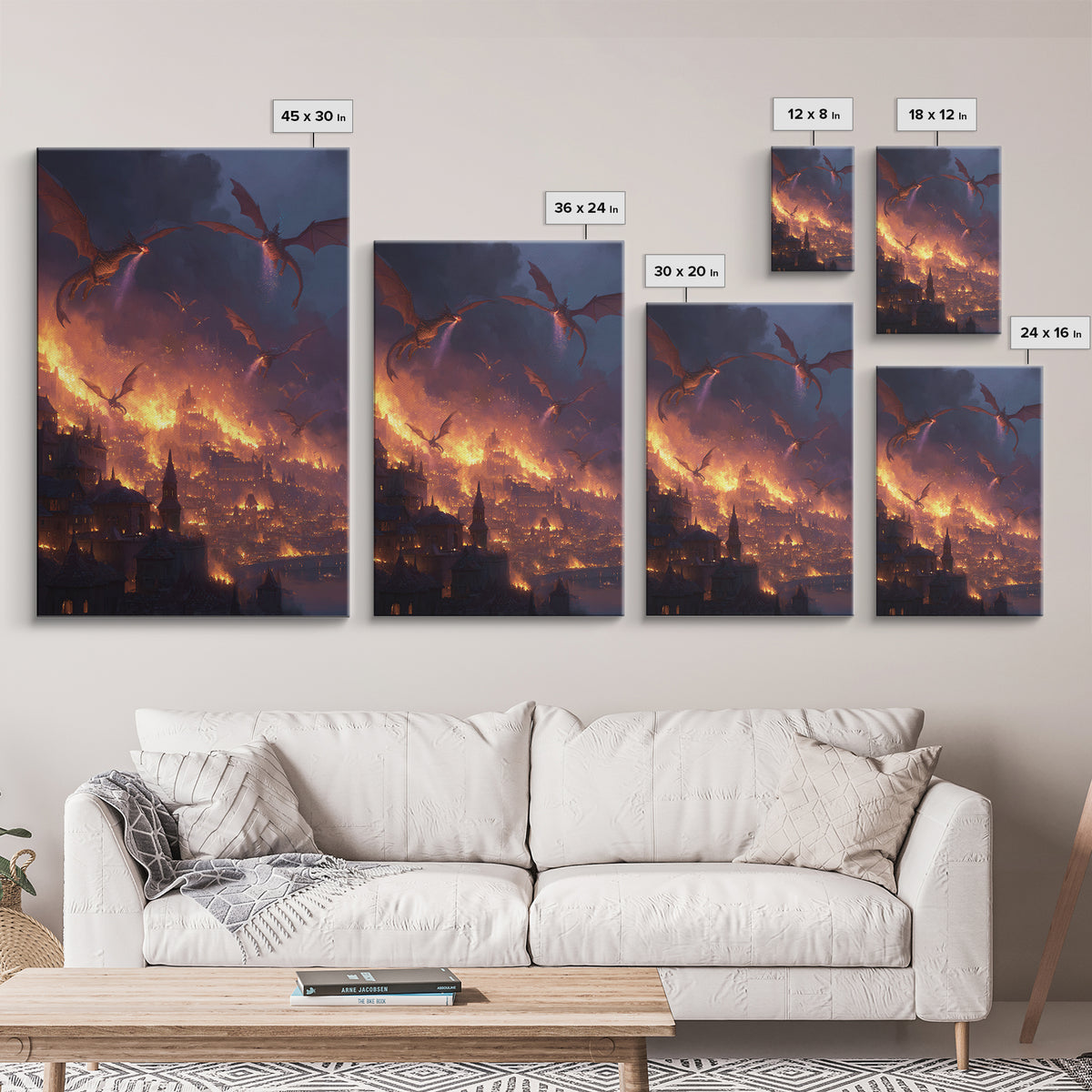 Burning Dragon Siege Over Medieval City Wall Art, Dark Fantasy Canvas Print, Gothic Castle Decor, Epic Fire Dragon Artwork