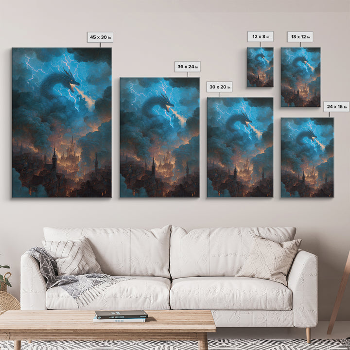 Storm Dragon Above Smoky Gothic City Wall Art, Electric Blue Fantasy Canvas Print, Dark Academia Decor, Epic Monster Artwork