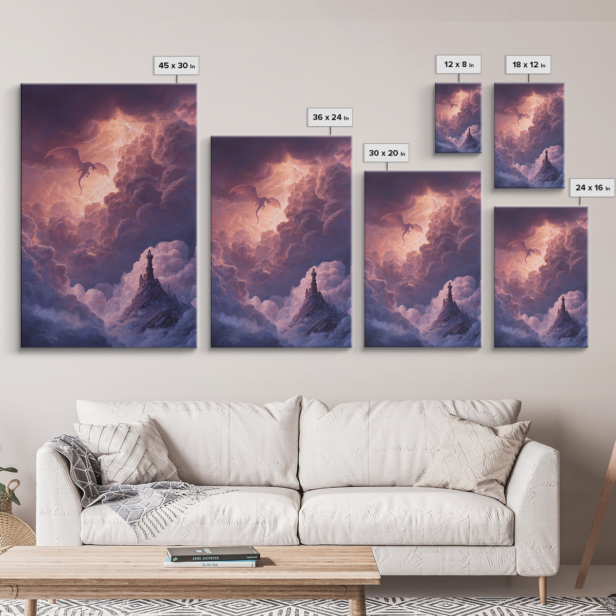 Dragon Flying Through Thunderclouds Framed Canvas Print, Fantasy Wall Art, Moody Sky Landscape, Castle Tower Decor, Epic Fantasy Gift