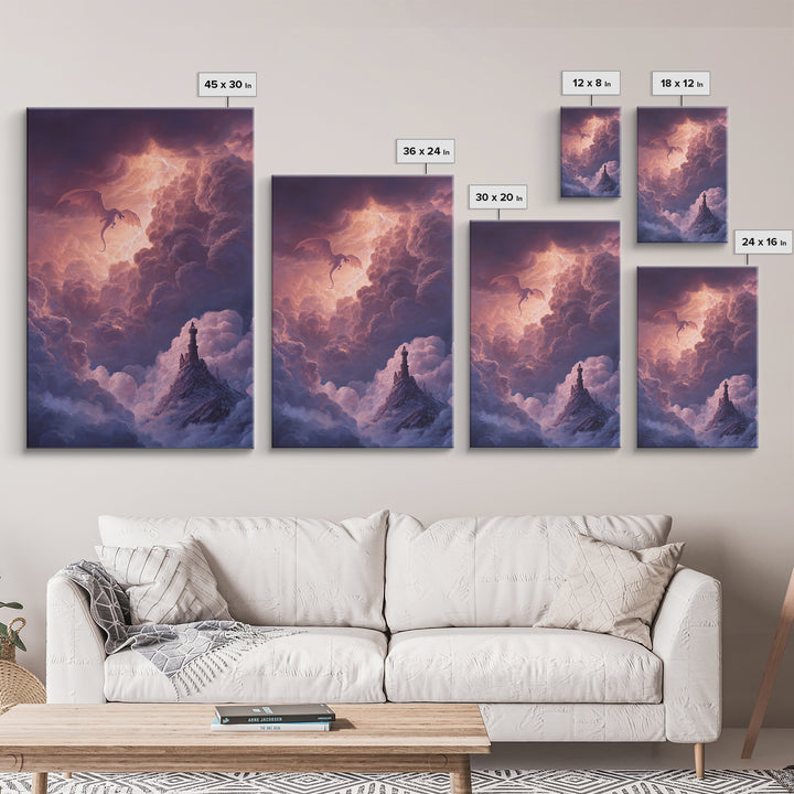 Dragon Flying Through Thunderclouds Framed Canvas Print, Fantasy Wall Art, Moody Sky Landscape, Castle Tower Decor, Epic Fantasy Gift